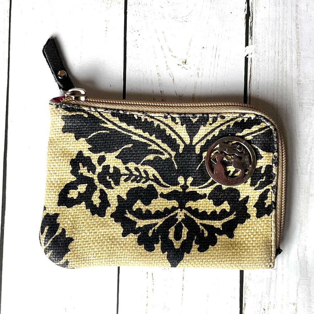 Spartina 449 Oakley Hall Medallion Coin Purse Black Fleur De Lis Tan Linen Zip
